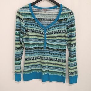 Athleta Multicolored Teal Green Stripe Thermal Henley Long Sleeve Shirt